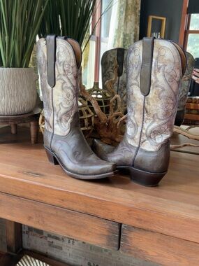 Lucchese Brown and Cream Embroidered Western Boots